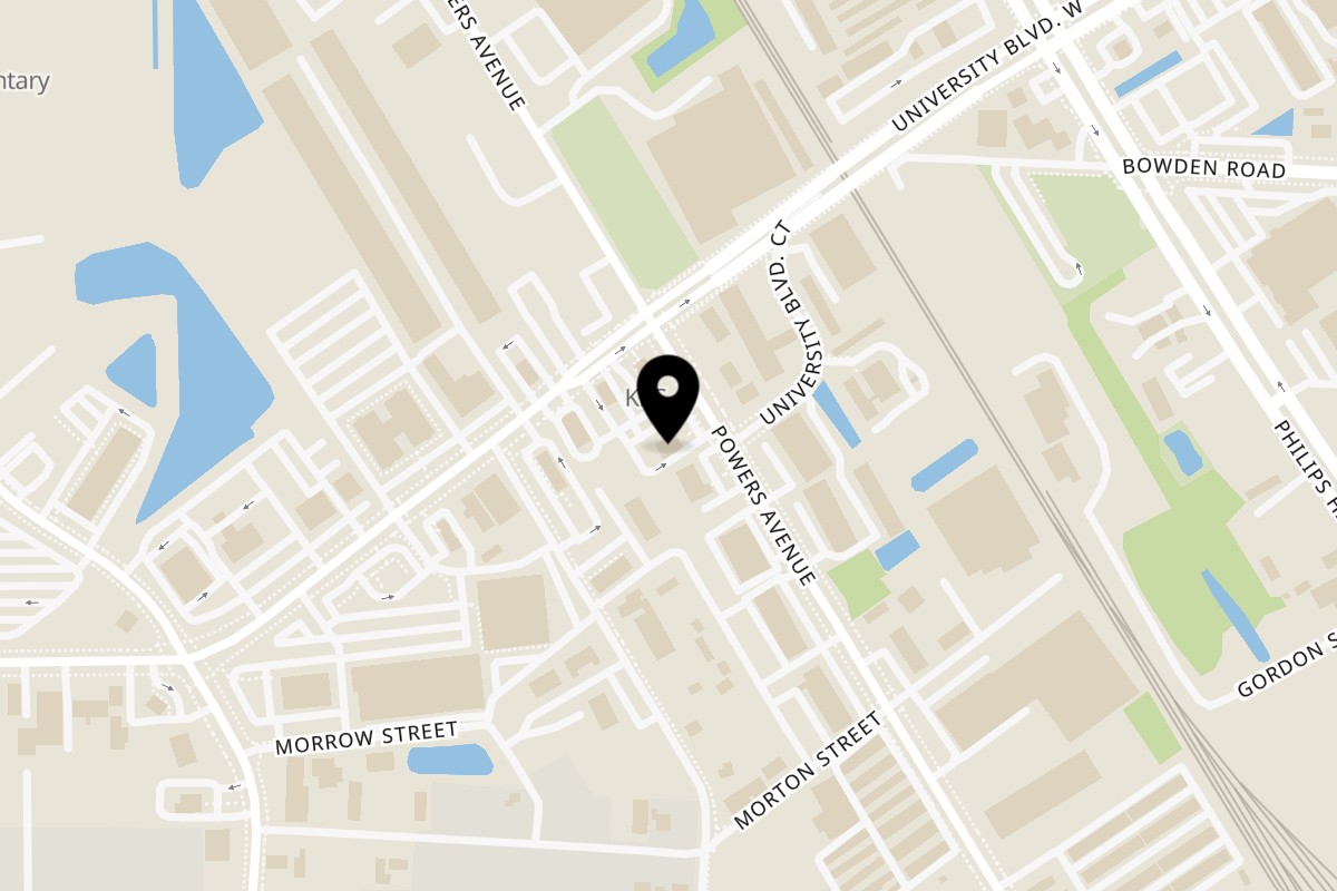 Map showing the location of Woody's Bar-B-Q Powers on 5930 Powers Ave in Jacksonville